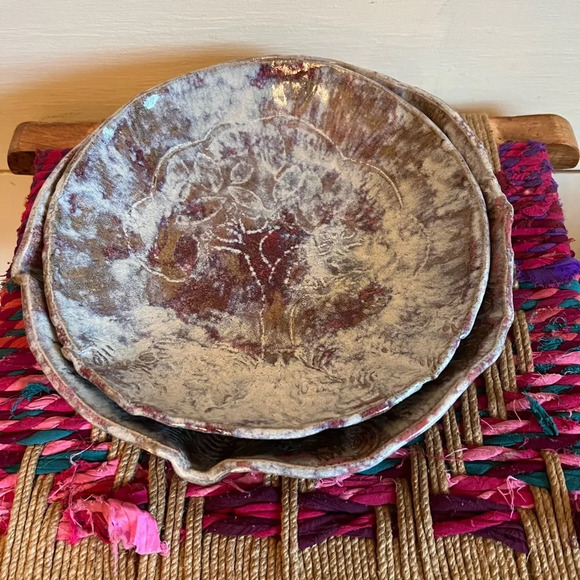 Two beautiful decorative nesting bowls with tree outline in marbleized glaze - Picture 1 of 11